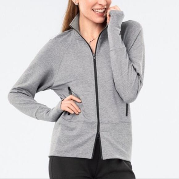 Cabi #3732 | Gray Pivot Double Zipper Thumb Holes High-Low Stretch Jacket - Picture 1 of 10